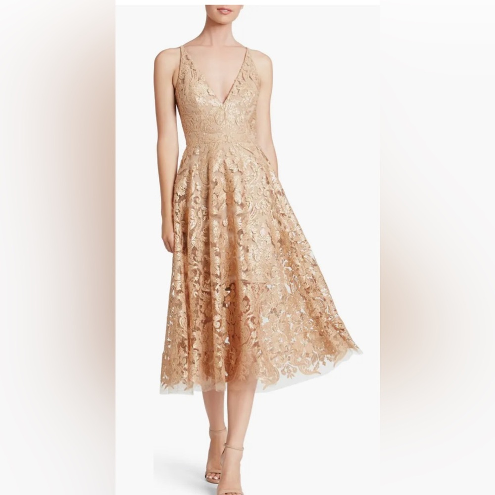 Dress the Population Strapless Lace Dress in Gold